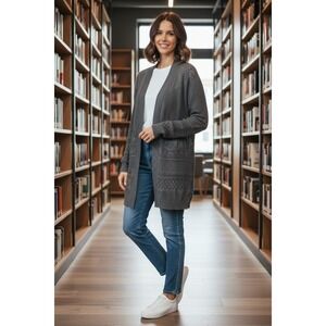 Belldini Womens Charcoal Gray Pointelle Knit Open Cardigan Sweater